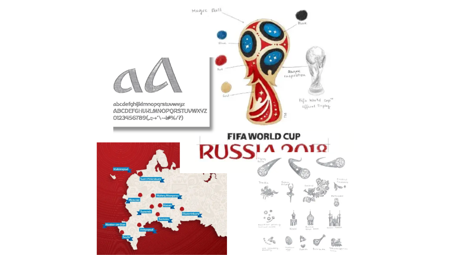 A collage of images related to the 2018 FIFA World Cup in Russia, including a stylized trophy, a map of Russia with cities labeled, sketches of the tournament mascot, a typeface sample, and various icons and symbols associated with the event.