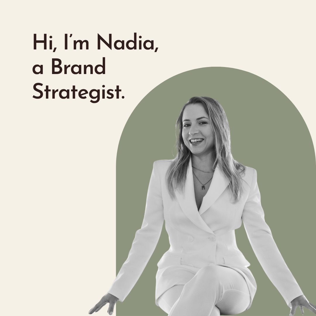 A woman with light hair and a white suit, smiling while sitting with a green arched background, next to black text introducing her as Nadia, a brand strategist.
