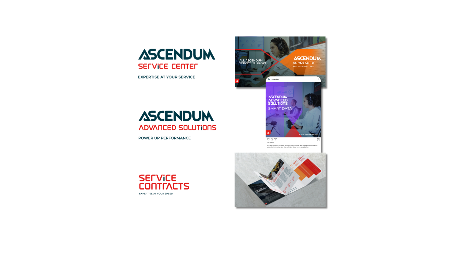 Three images showcasing corporate branding and marketing materials for Ascendum, including signage, social media graphics, and printed brochures.