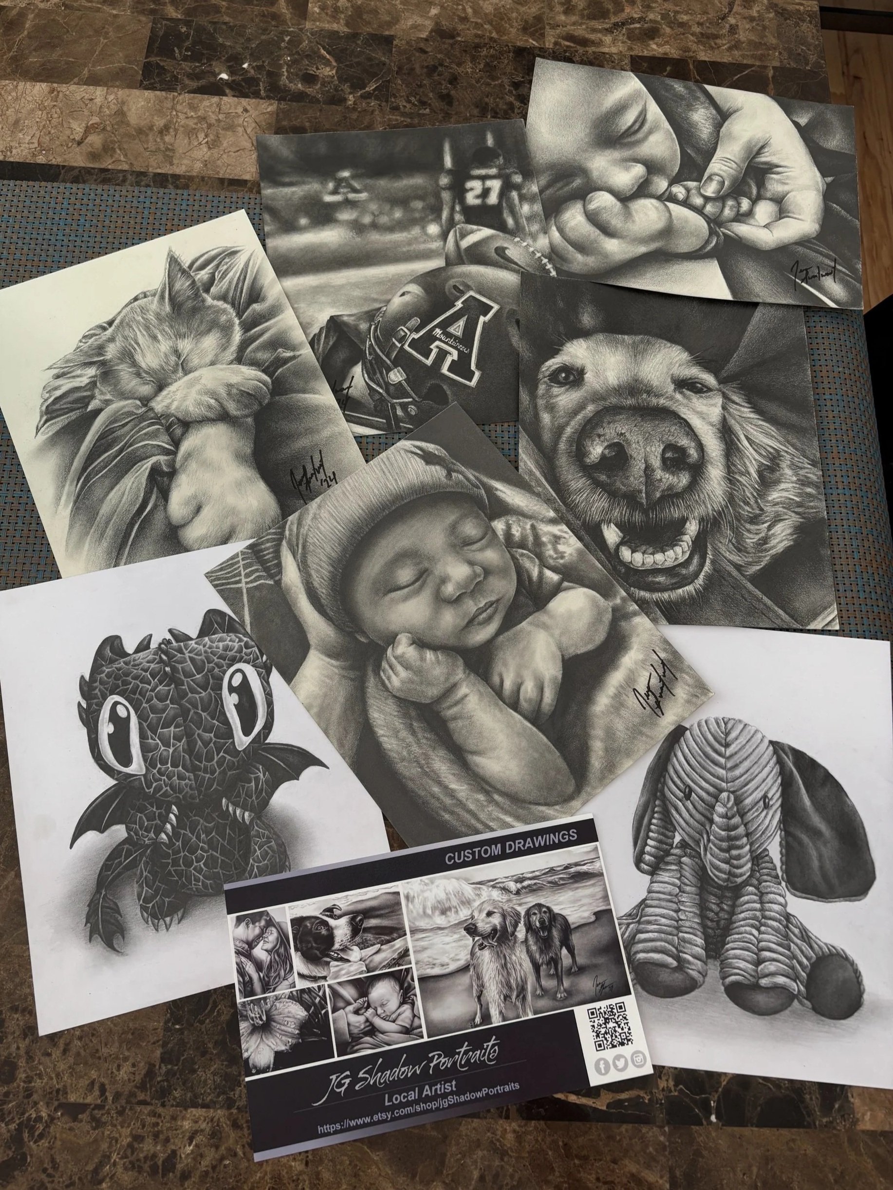 Collection of black and white detailed sketches of animals, people, and objects.