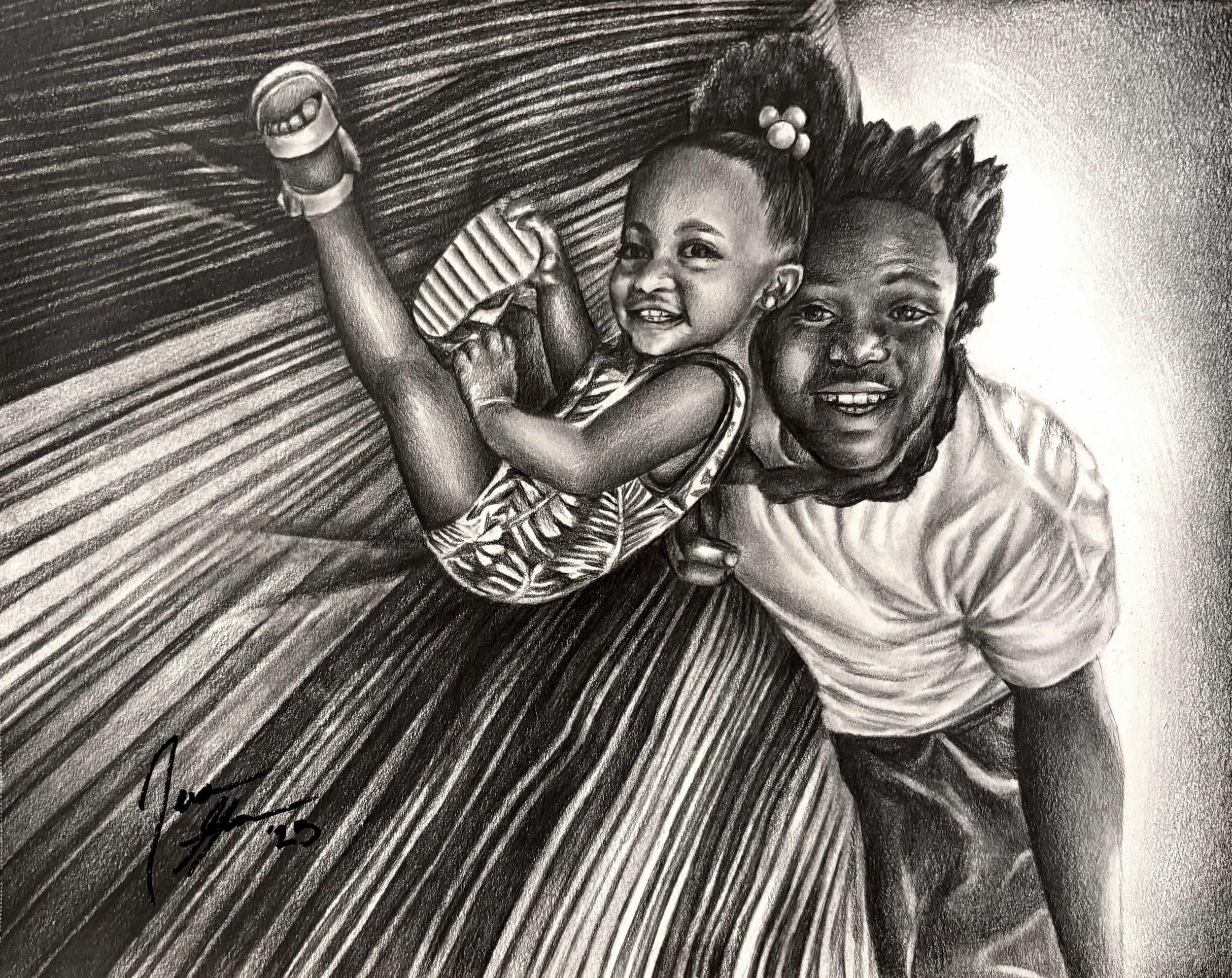 A detailed black-and-white charcoal drawing of a smiling woman with curly hair holding a young child with braided hair, on a textured background with diagonal lines.