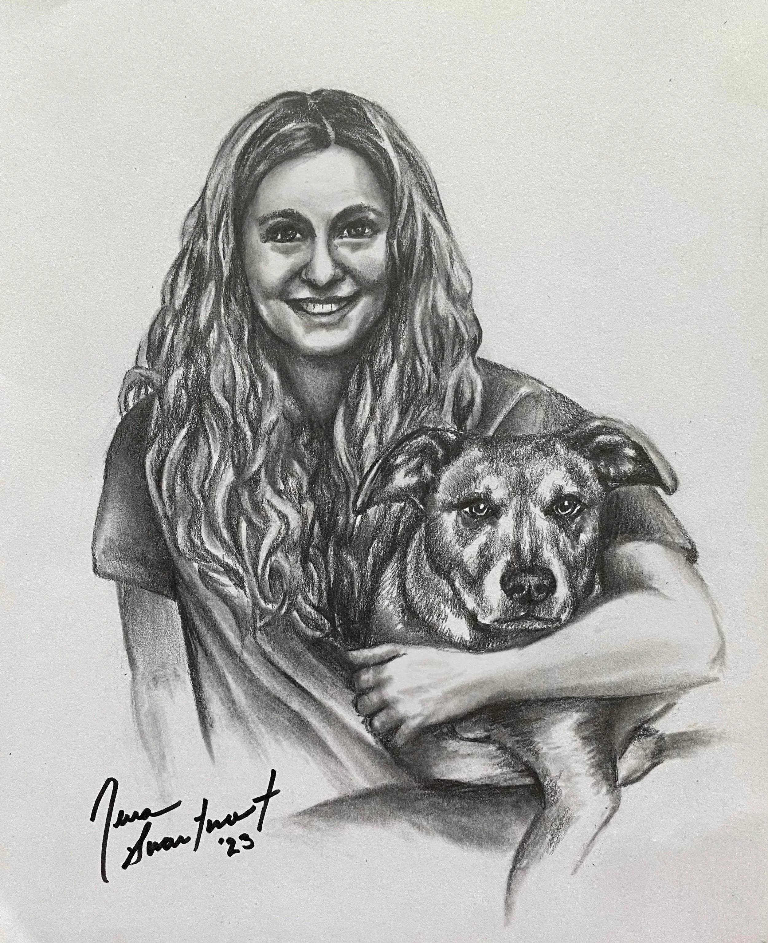 A pencil drawing of a woman with long, wavy hair smiling, with a dog resting on her lap, and a handwritten note that says 'Thank you for your trust.'