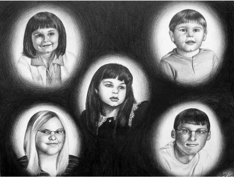Drawing of five children's portraits with glowing orbs around their heads, featuring three girls and two boys, in black and white.