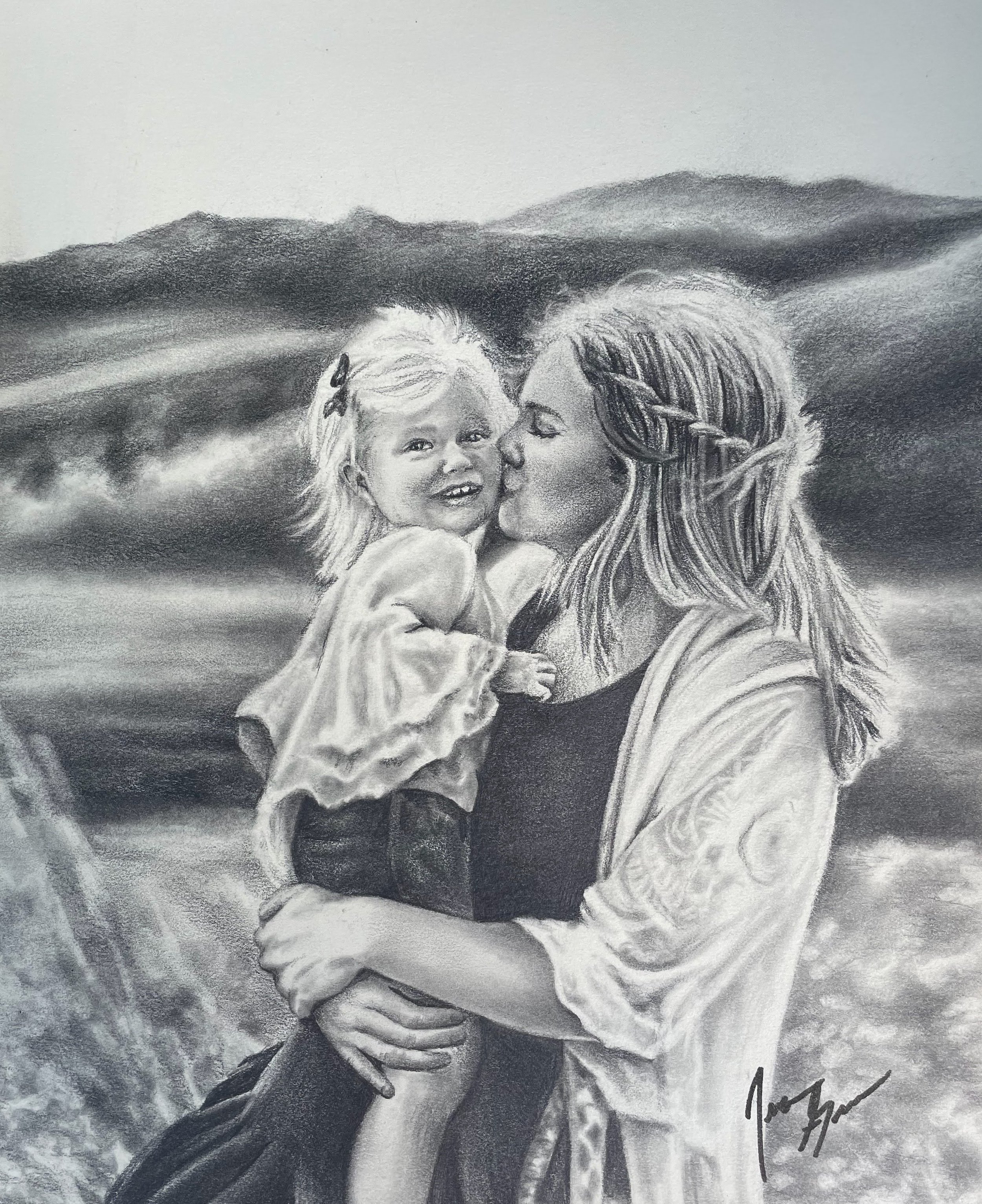 A black and white drawing of a woman with long, braided hair kissing a young girl on the cheek. The girl has blonde hair with a bow and is smiling. The woman is wearing a patterned shawl or coat, and there is a signature in the lower right corner.