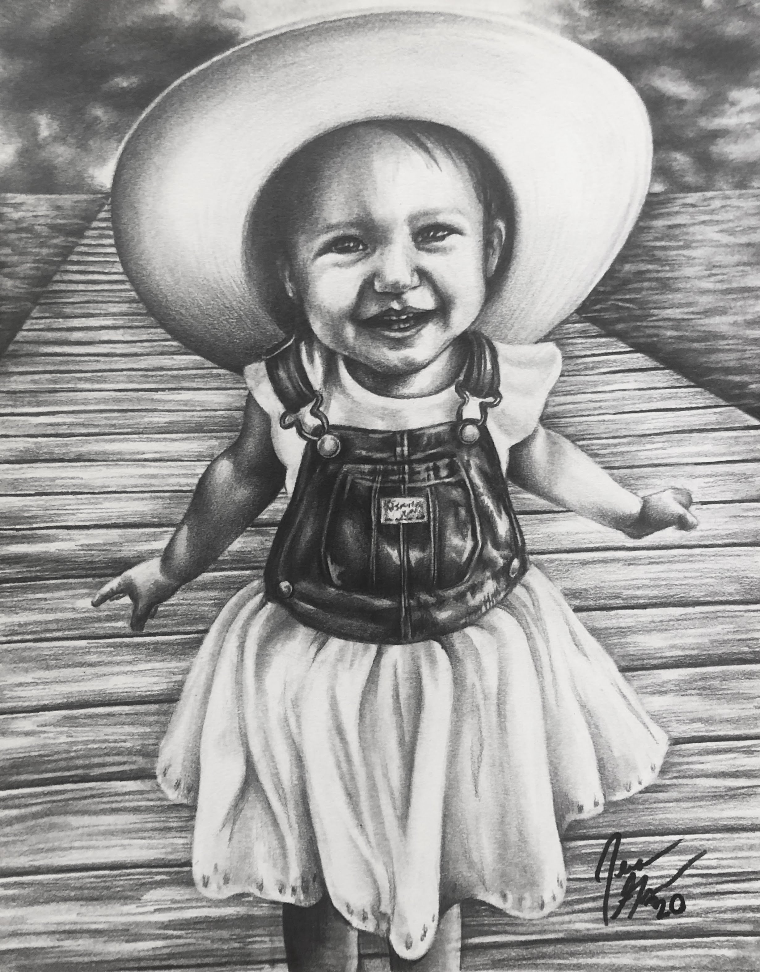 A black-and-white drawing of a young girl with a big smile, sitting on a wooden dock by a body of water, wearing a large sun hat and a dress with suspenders. The drawing appears detailed, with textured shading and a signature at the lower right corne
