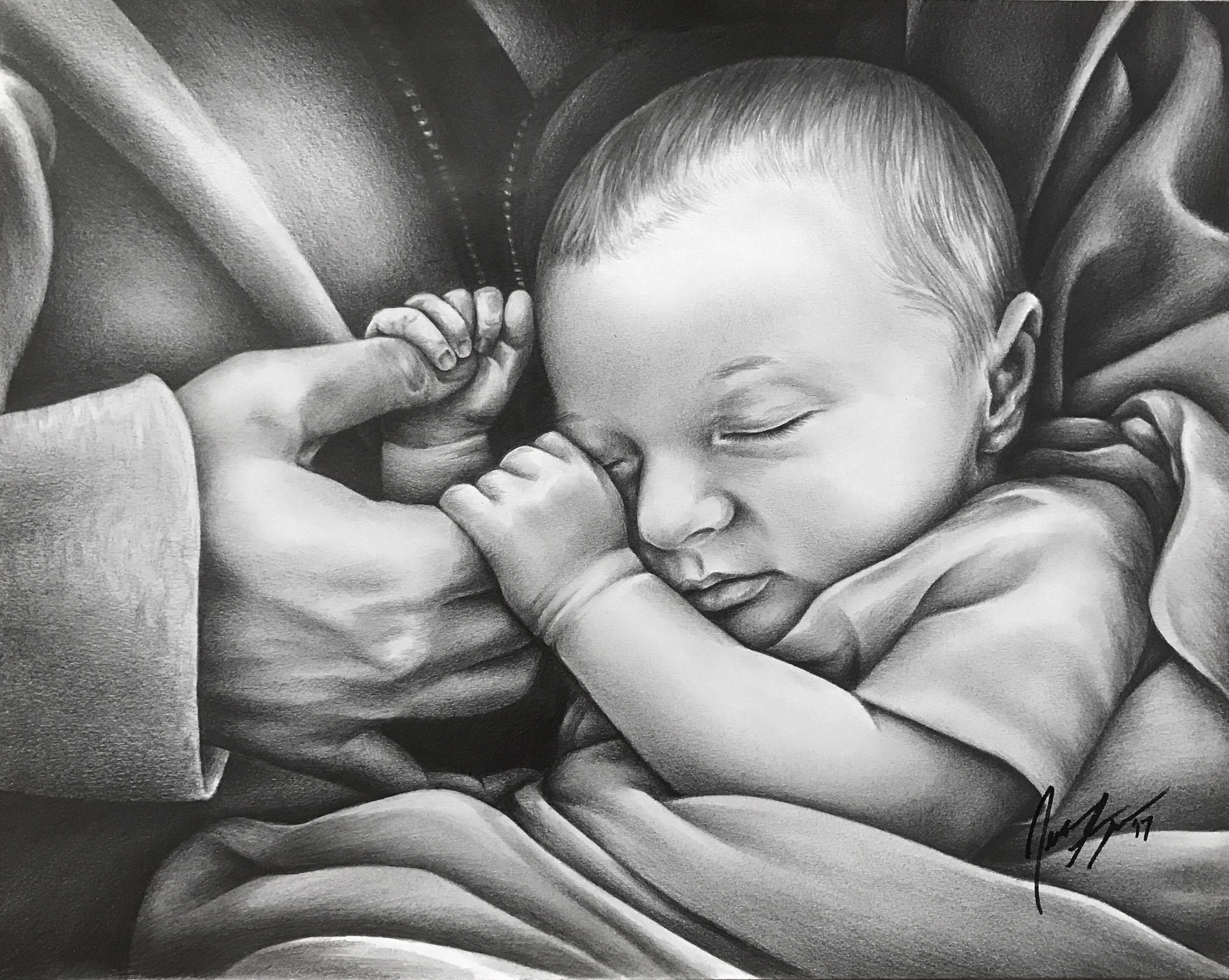 A detailed black and white drawing of a sleeping infant in peaceful repose, with soft shading emphasizing the serene innocence of the child's face and hands, surrounded by gently flowing fabric and holding a small object.