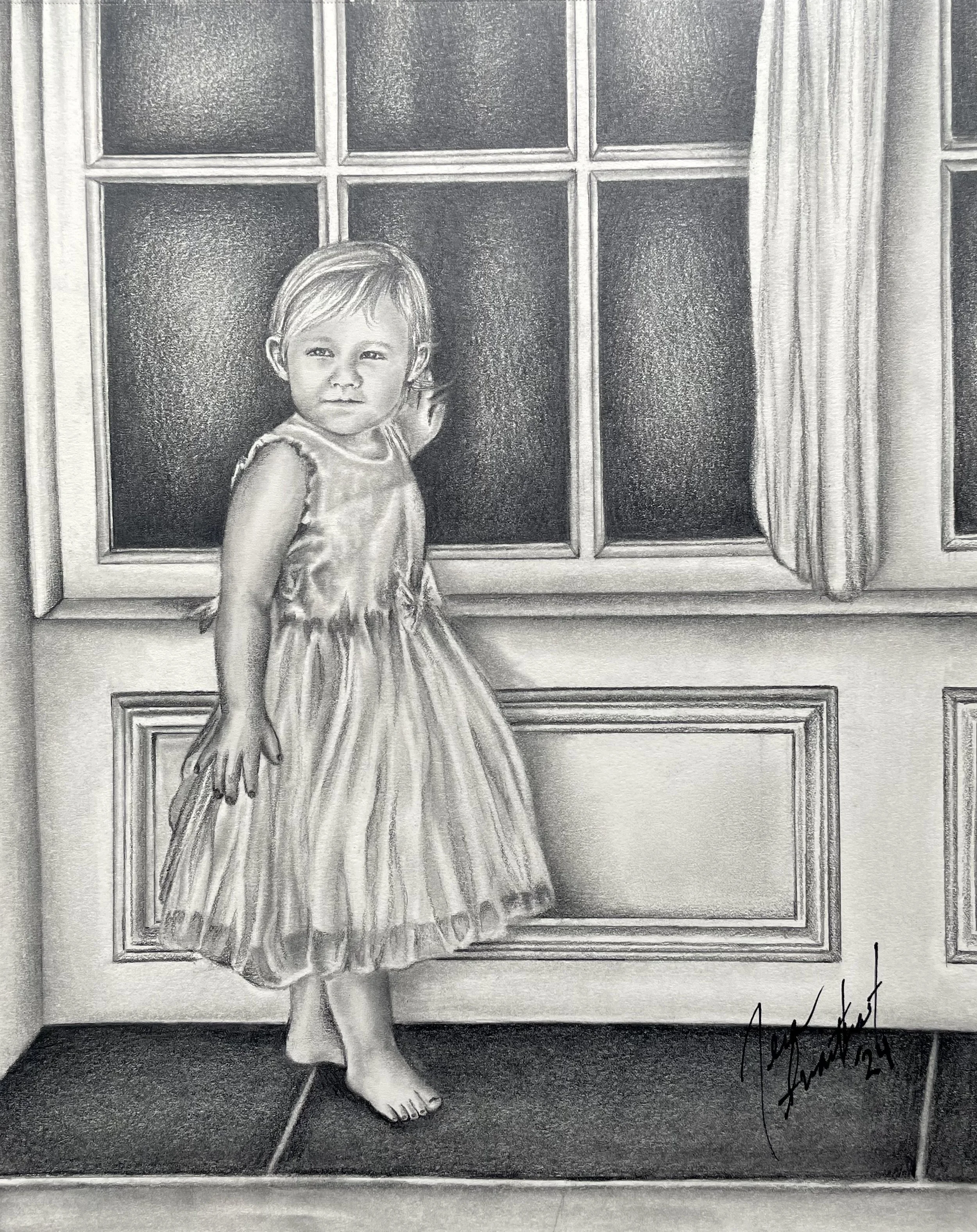 Black and white pencil drawing of a young girl with short hair, wearing a dress, standing in front of a window with multiple square panes. She has one hand on the window frame and is looking slightly to the side.
