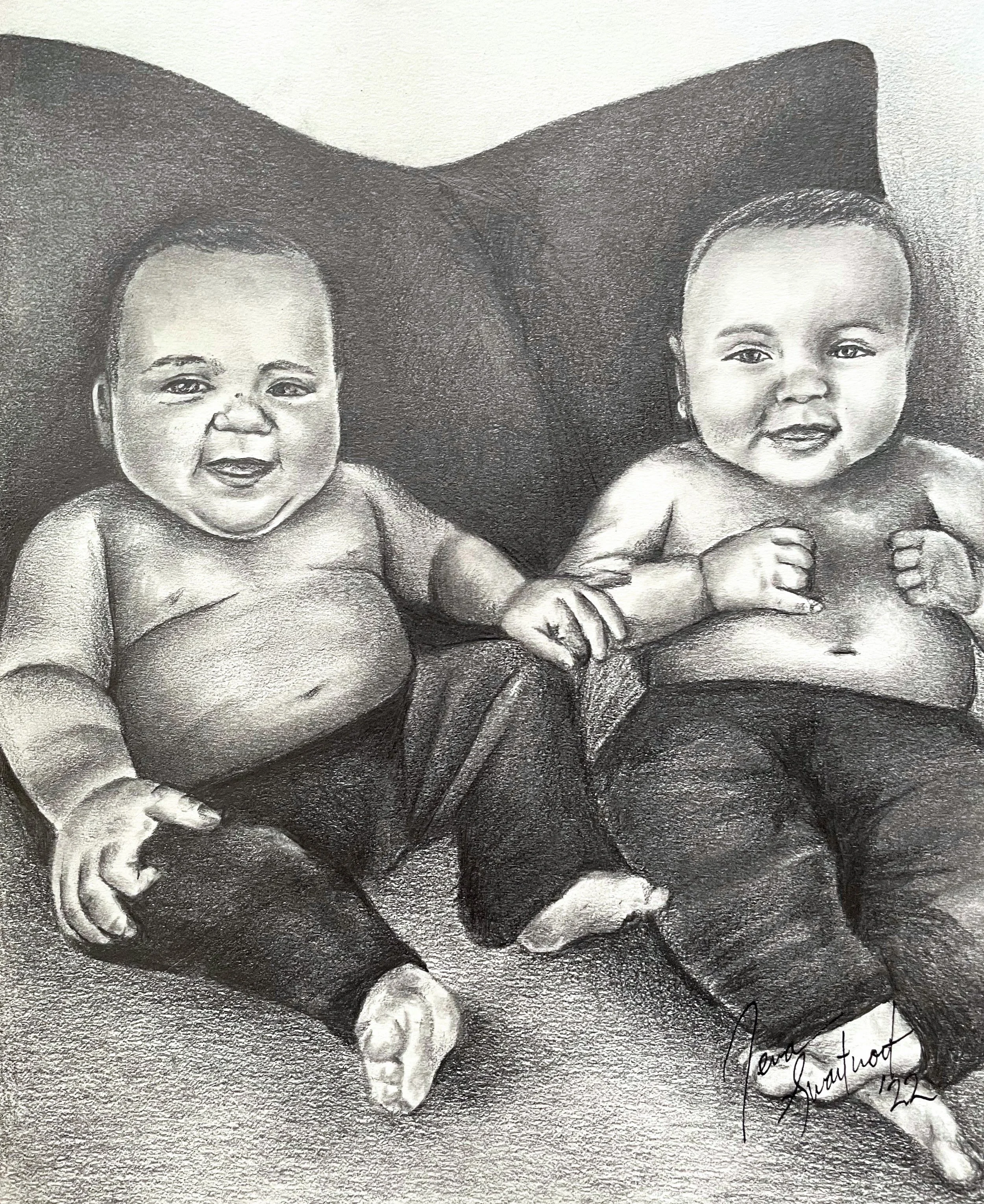 Drawing of two babies with light skin and short dark hair, sitting and holding their fists, with a dark background and a signature at the bottom right corner.