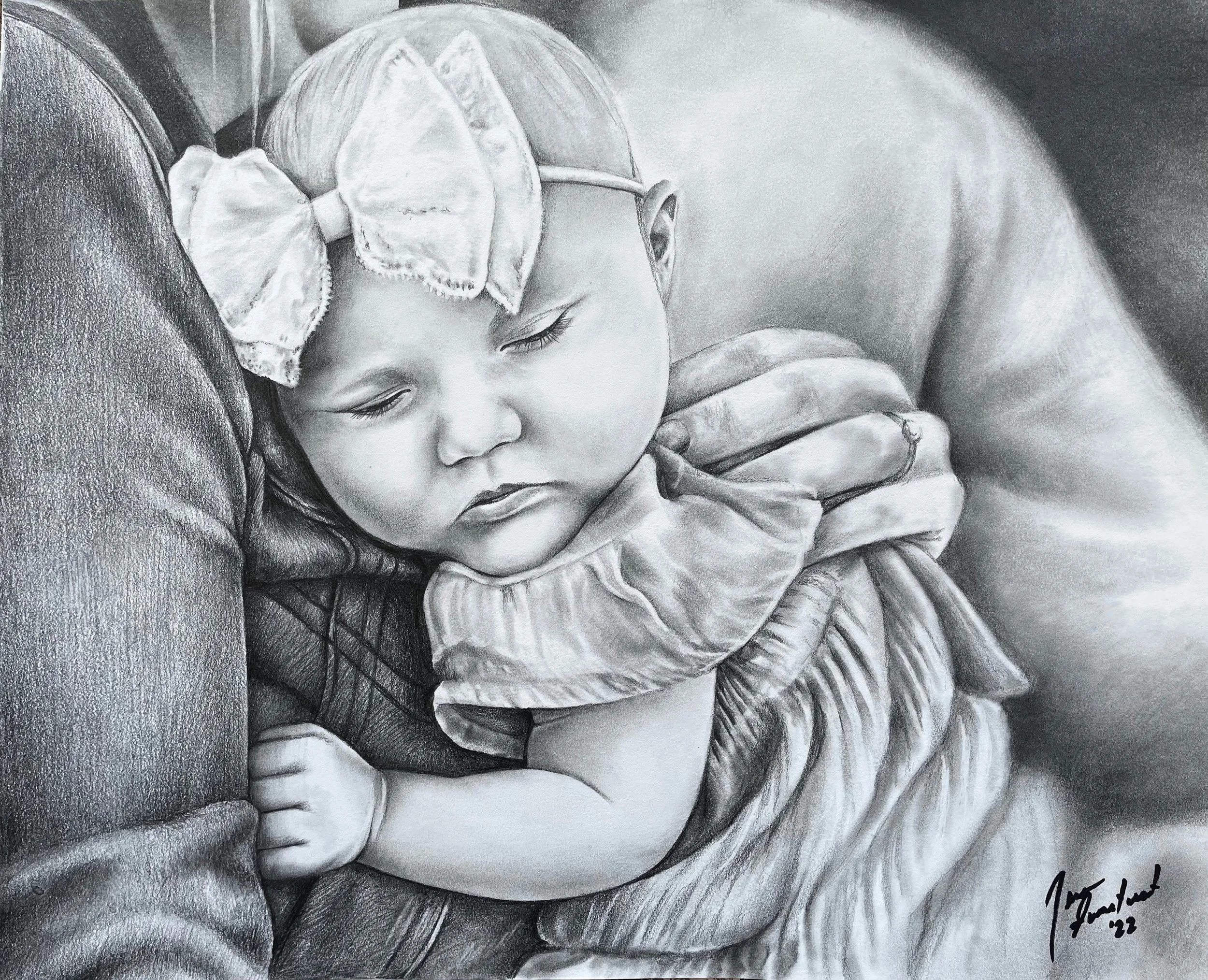A detailed black and white pencil drawing of a child with glasses, dressed in a hoodie, peacefully sleeping with a bow in her hair. The child is resting her head on an adult's arm, possibly a parent, who is gently holding her hand. The drawing captur