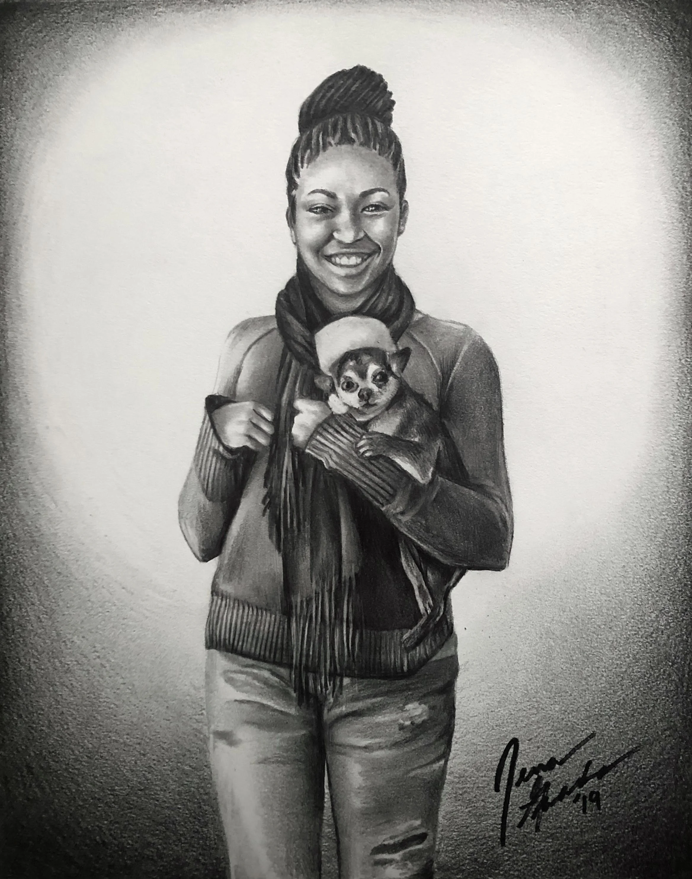 A black-and-white portrait of a smiling woman with her hair in a high bun, holding a small dog in her arms. The woman is wearing a long-sleeved shirt and pants, and the dog appears to be a Chihuahua. There is a signature and year at the bottom right 