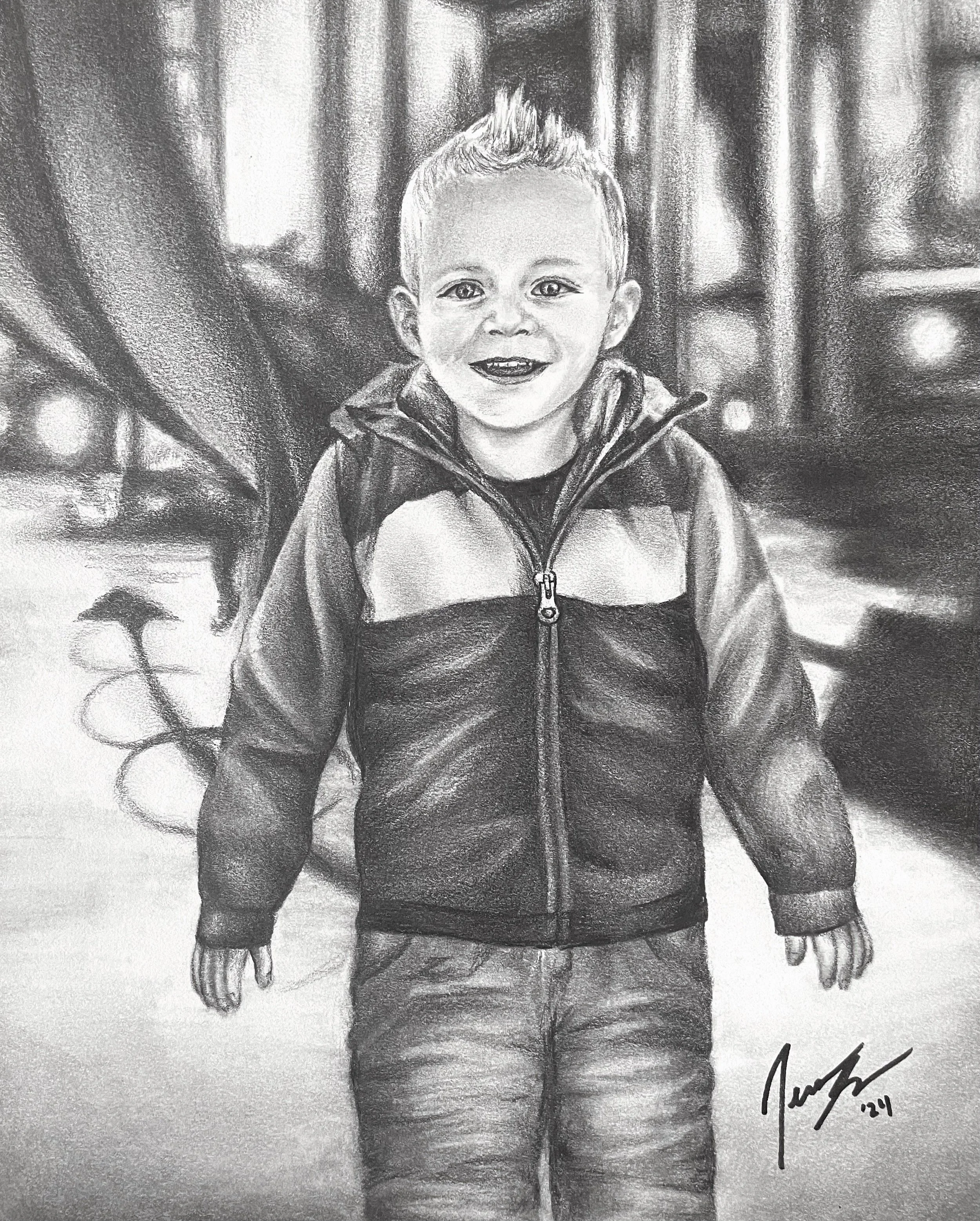 A pencil sketch of a young boy with short spiked hair, smiling, wearing a zip-up jacket and pants, standing in front of a dark curtain or draped backdrop.