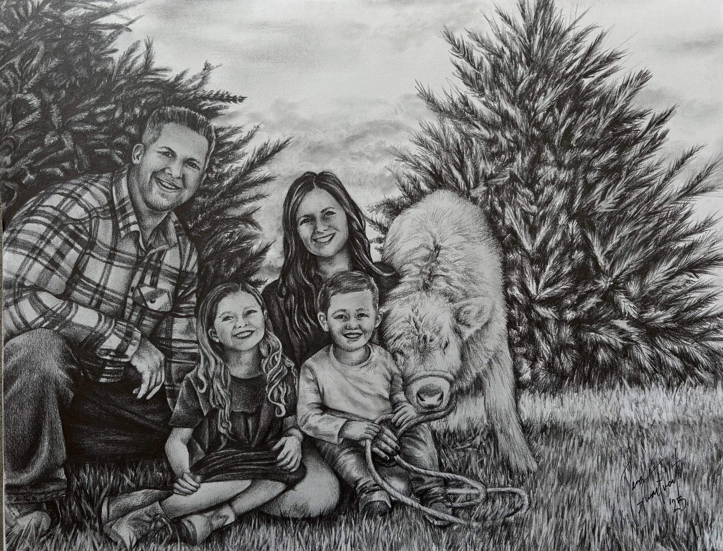 A pencil sketch of a family with three children posing outdoors with a bear, tall grass, and trees in the background.