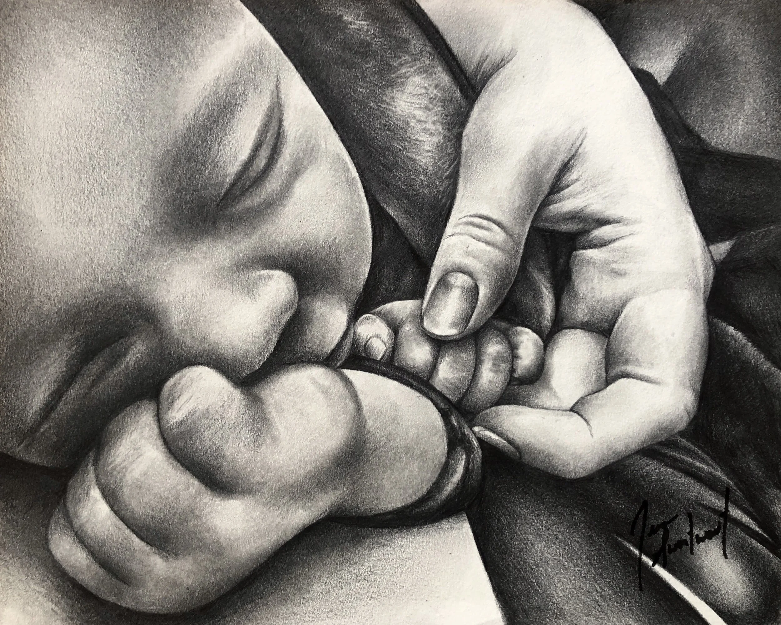 A detailed black and white pencil drawing of a person's face, focusing on the nose and mouth area, with realistic shading and texturing.