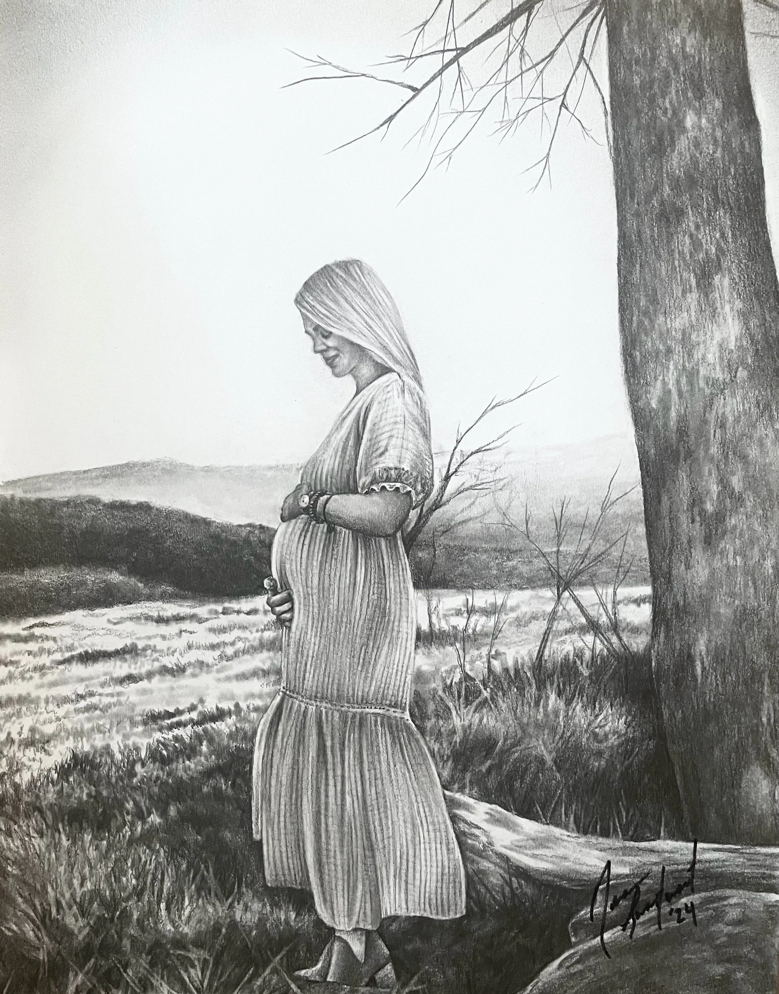 A pencil drawing of a woman standing outdoors near a tree, with trees and a body of water in the background.