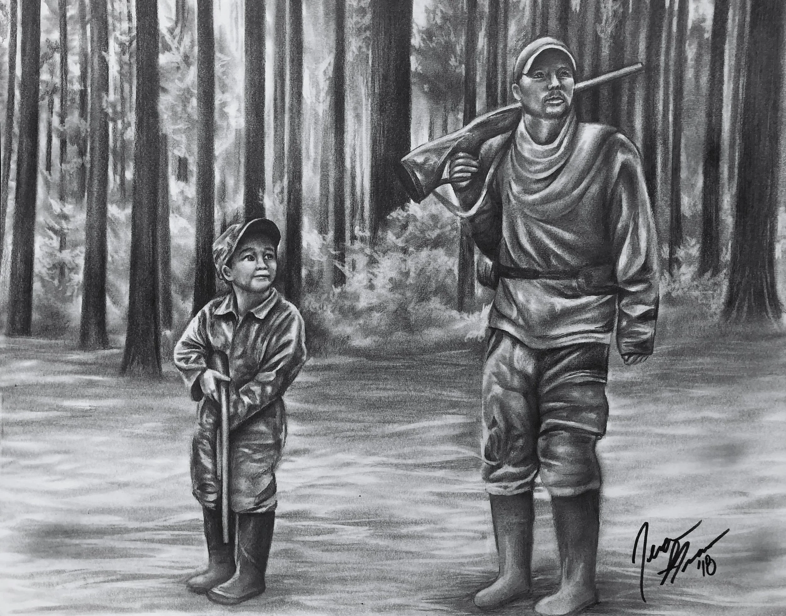 A black and white drawing of a man and a young boy walking through a wooded forest. The man is carrying a rifle over his shoulder and has a cap on, while the boy looks up at him. The scene appears to depict a hunting trip or outdoor adventure.