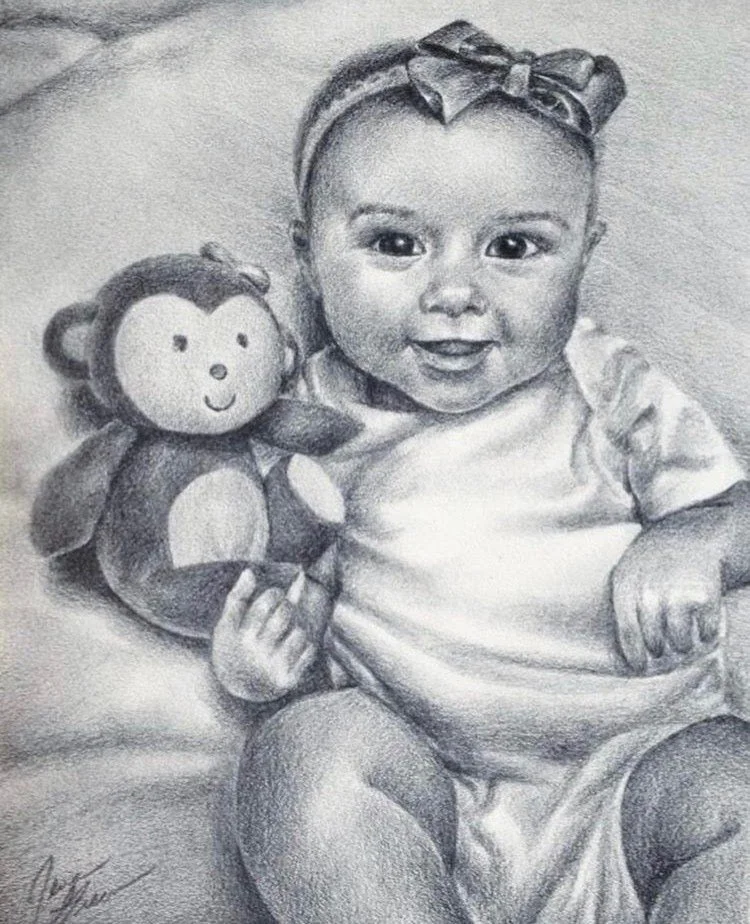 A realistic pencil sketch of a smiling, baby girl with a bow in her hair, holding a stuffed monkey toy, sitting on a surface.