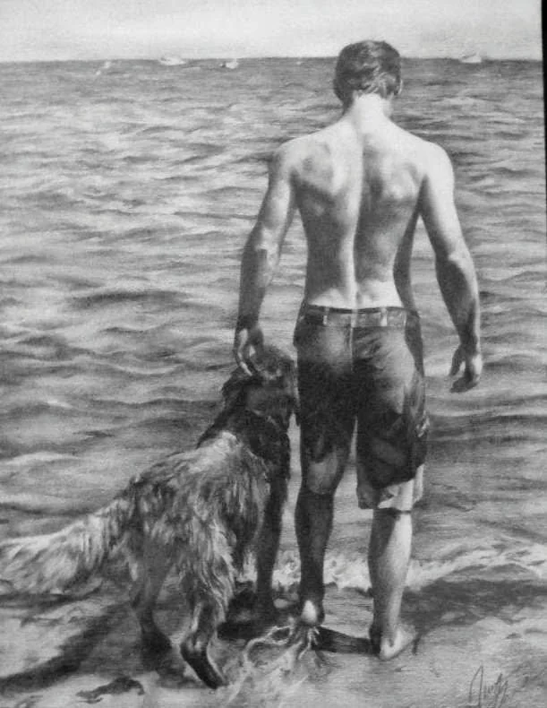 A shirtless man with a muscular back standing in water, holding a leash attached to a large dog, at the beach.
