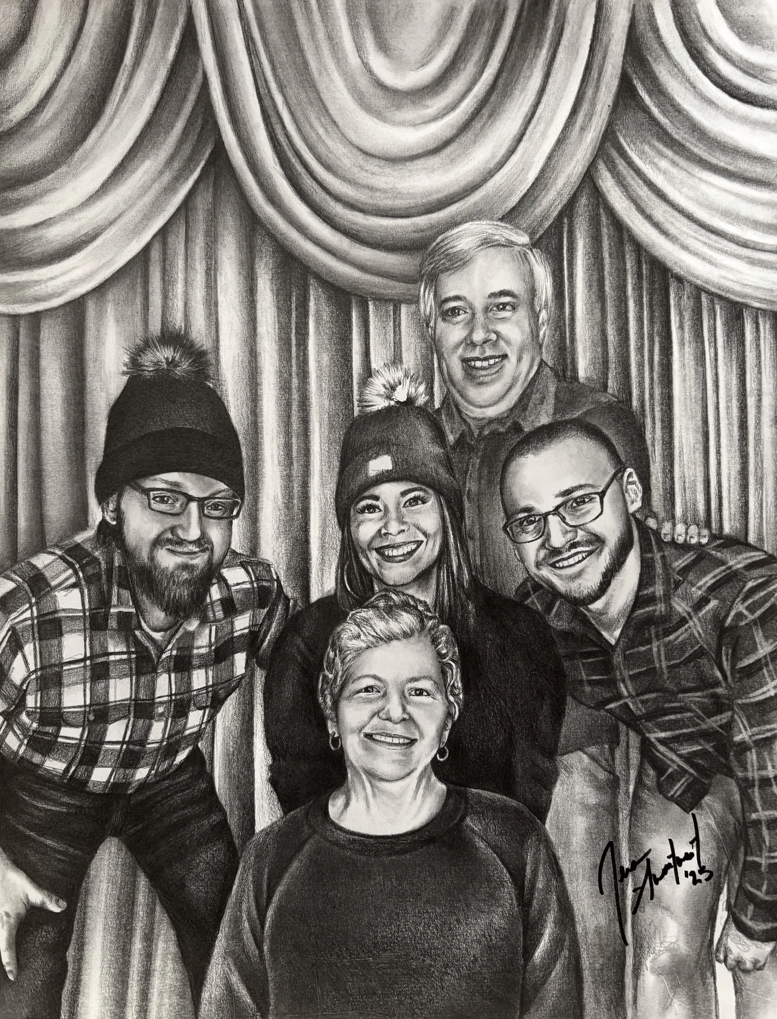 A detailed black and white pencil drawing of a group of smiling people shot in front of a curtain backdrop.