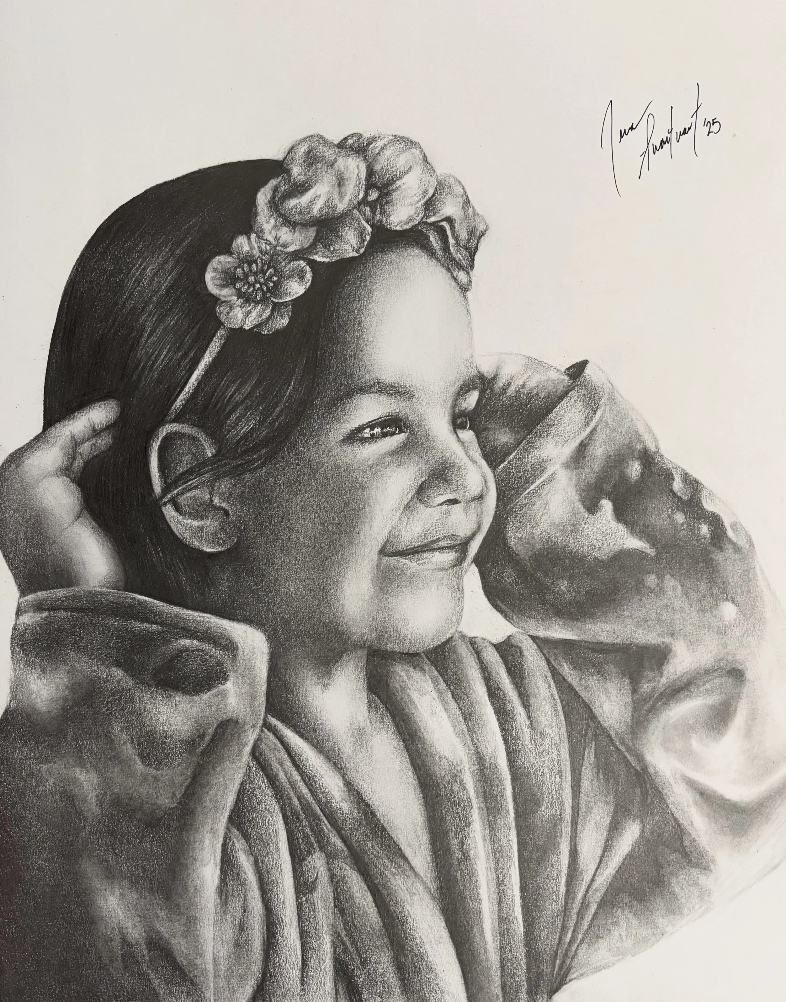 A detailed black and white pencil drawing of a young girl with long hair. She is holding a leaf or flower near her face with a smile. There are large, textured flowers and clouds on her head, and a signature with a date in the top right corner.