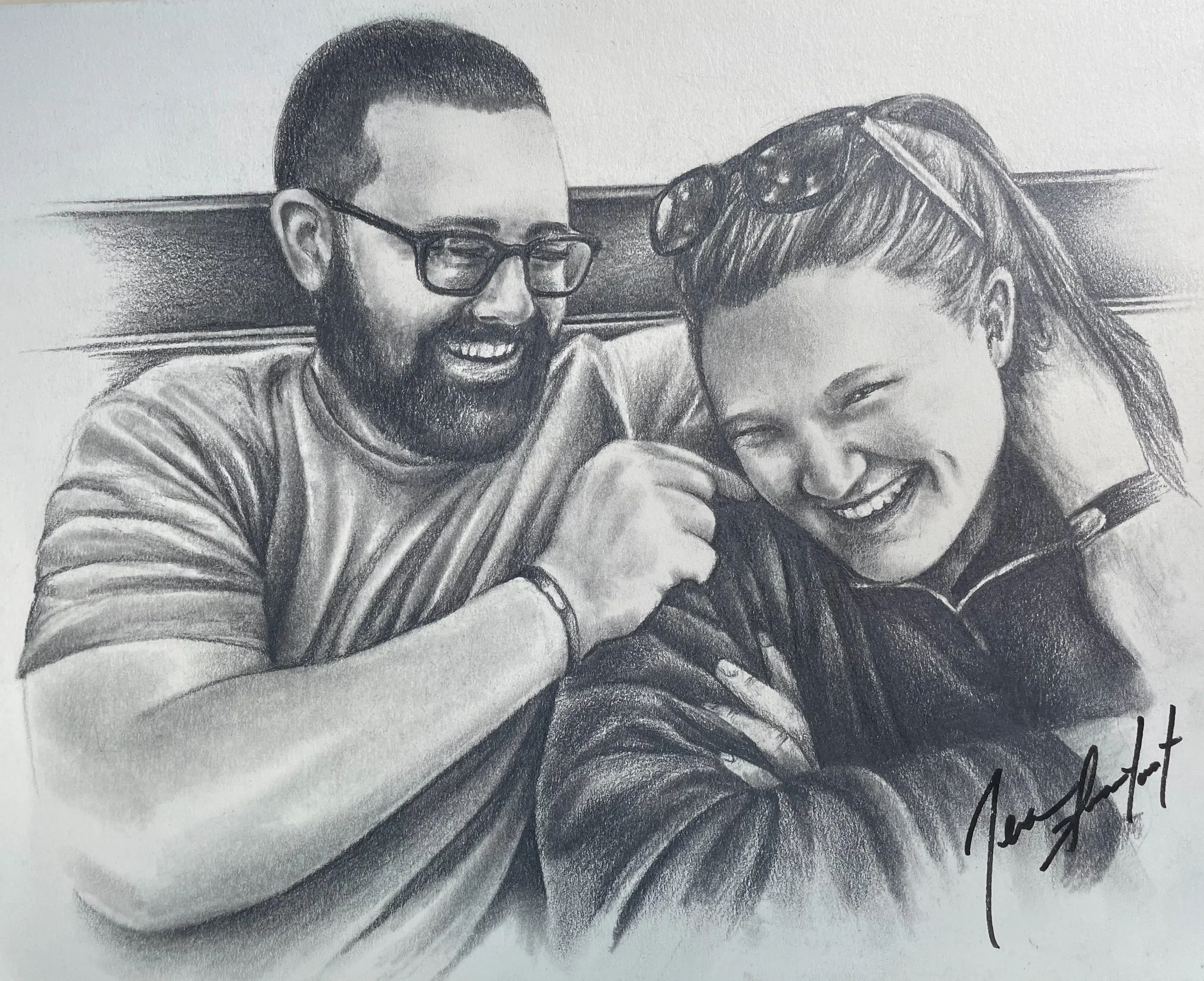 A detailed pencil drawing of a smiling man with glasses and a beard, and a woman with a wide smile, holding a microphone. The man is wearing a striped shirt and has short hair. The woman has wavy hair and is partially hidden behind the man.