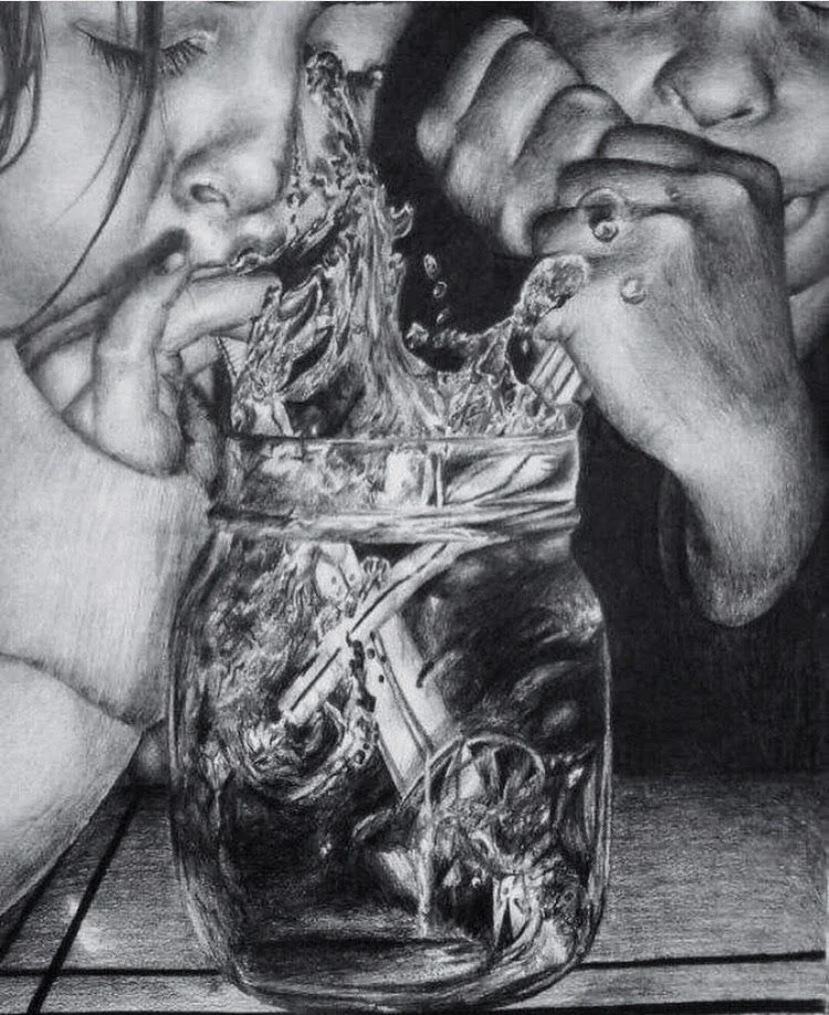 Two children drinking soda from a jar with ice and ice cubes, using straws, in black and white.