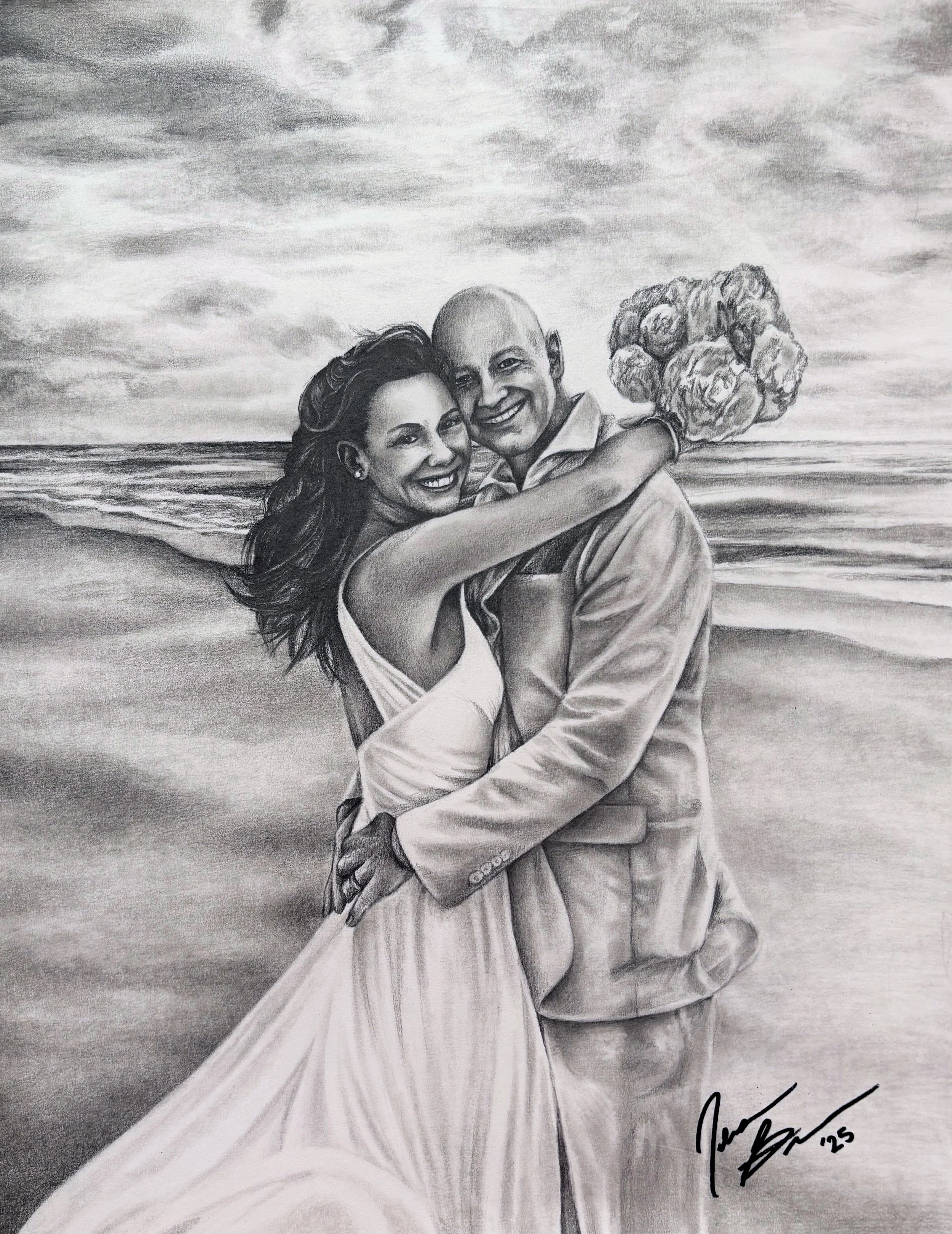 Pencil drawing of a happy couple embracing, standing on a beach, with sky and ocean in the background. The woman is wearing a sleeveless dress and the man is in a jacket. The woman is holding a bouquet of flowers, and the couple is smiling facing the