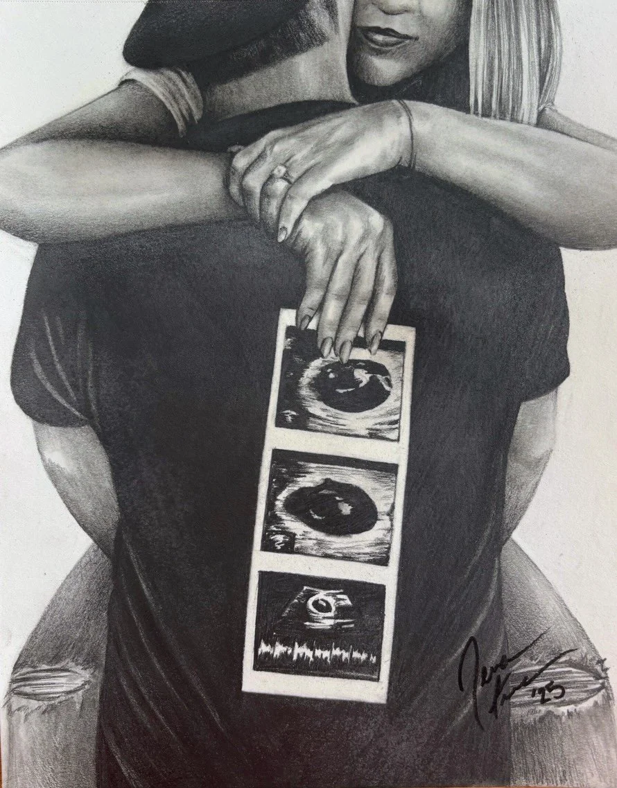 A woman is embracing a person, with her arms wrapped around their shoulders. She is holding a strip of three different ultrasound images in front of her. The woman has long hair and is smiling gently. The artwork is in black and white, and the artist