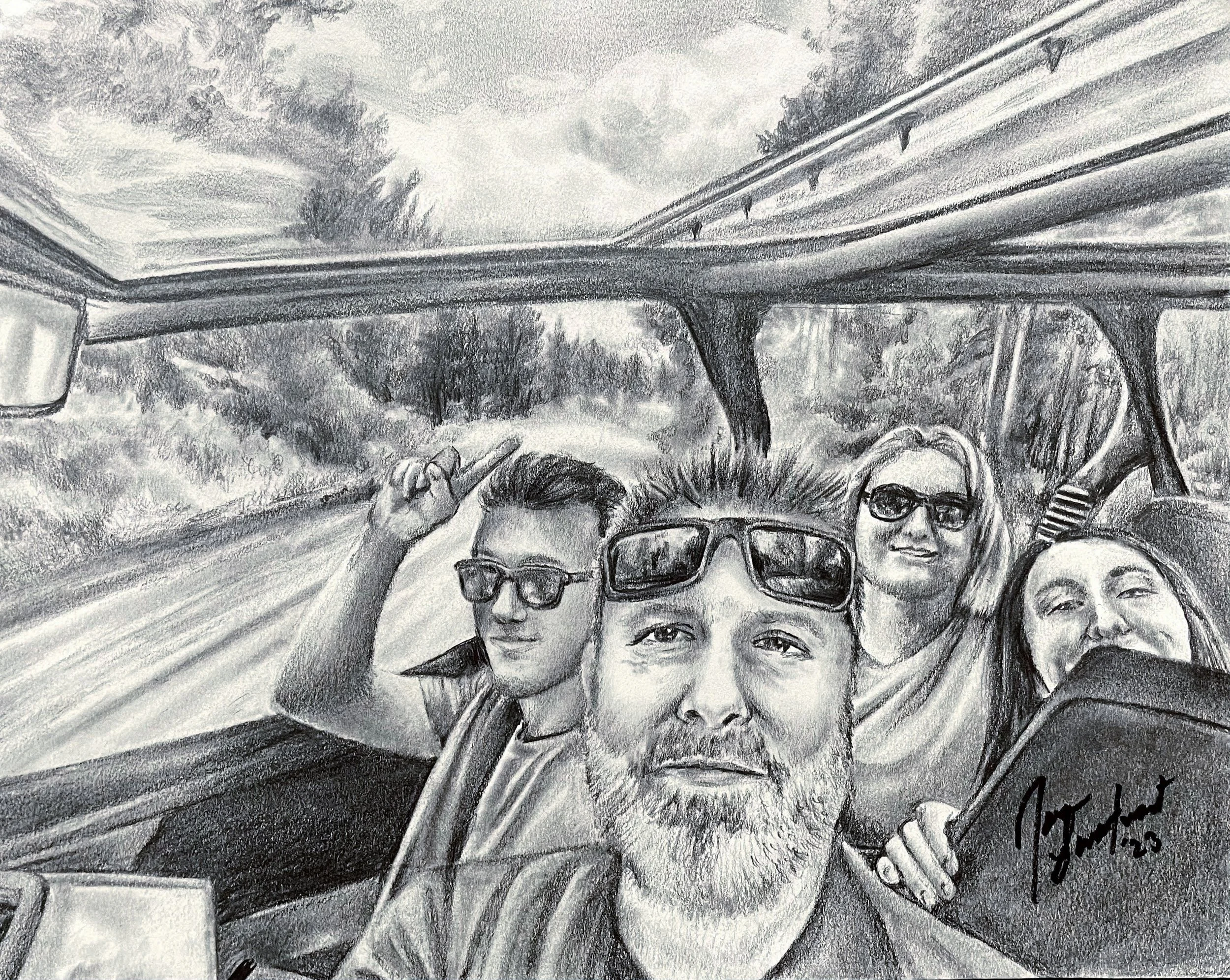 A pencil drawing of four women taking a selfie inside a vehicle, with an outdoor landscape visible through the roof. The women are wearing sunglasses and appear to be enjoying themselves.