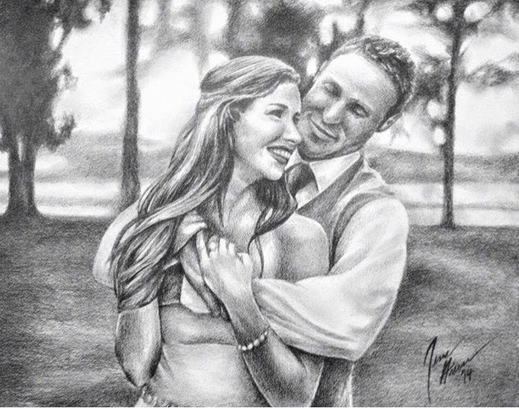 A black and white drawing of a man and woman smiling closely outdoors, with trees in the background.