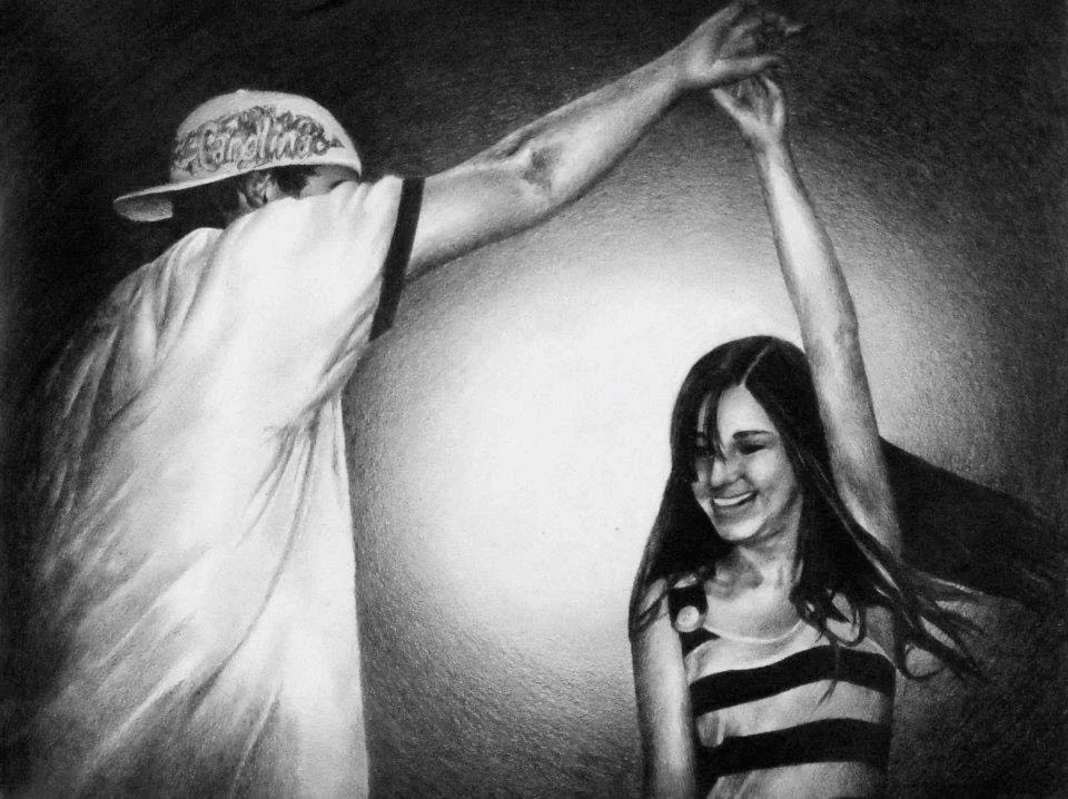 Black and white photo of a young woman smiling with eyes closed, wearing a striped tank top. An artist's hand is reaching down from the top left, holding her hand in a dance pose.