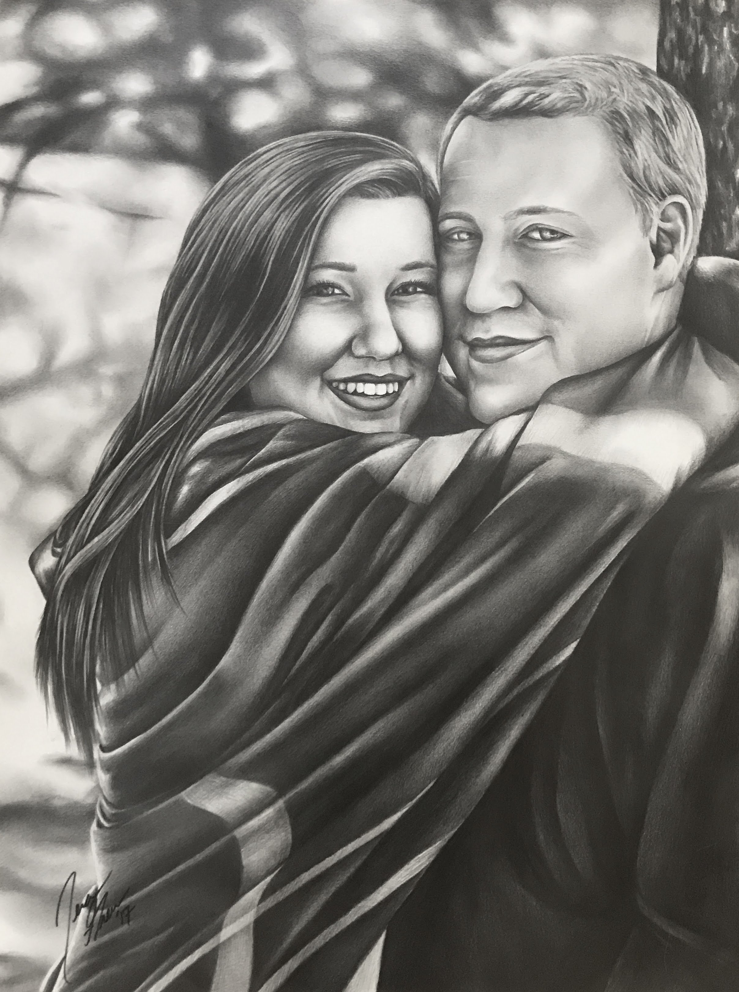 Black and white painting of a couple embracing each other closely outdoors, smiling and looking at the camera, with trees and blurred background.