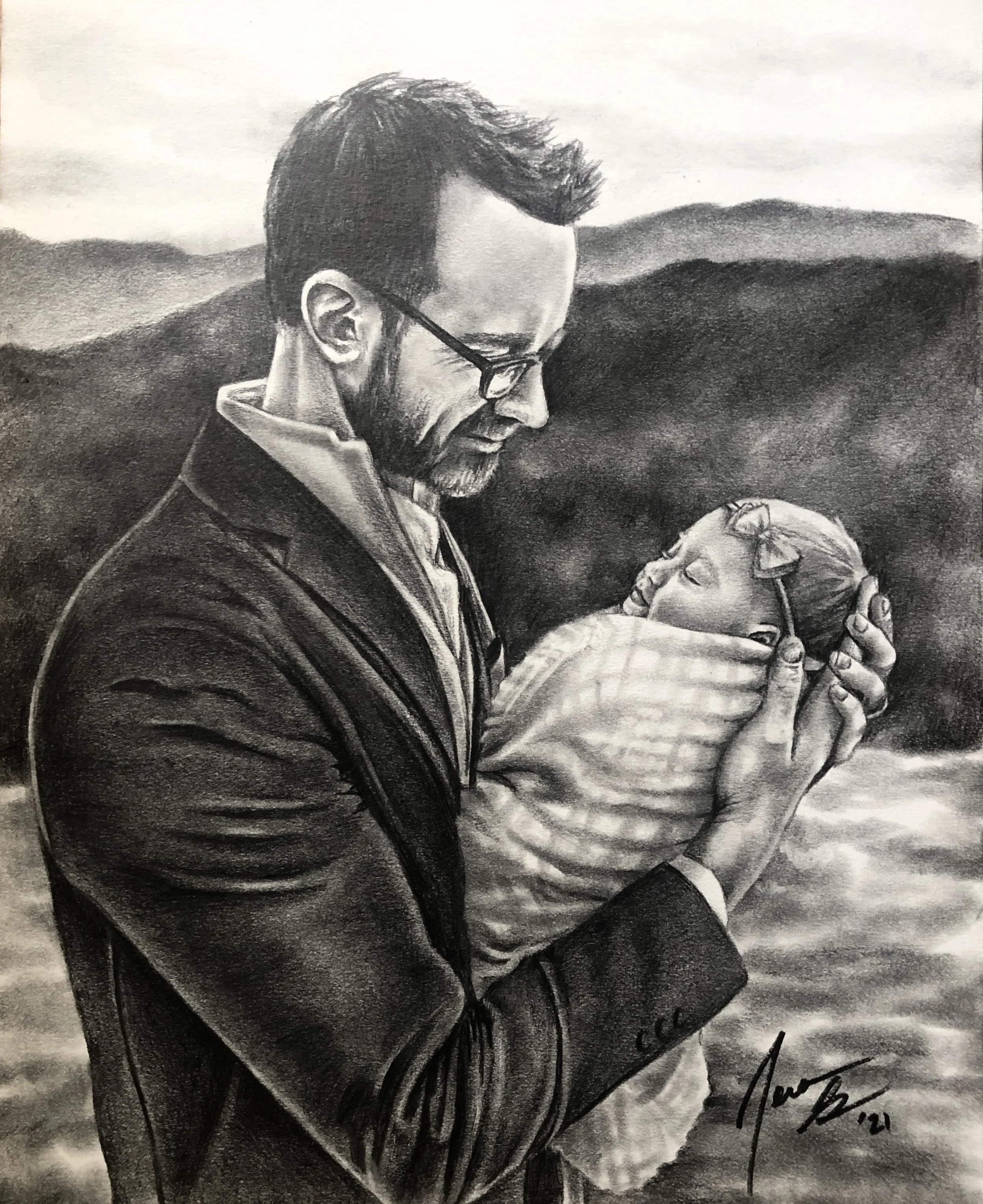 A black and white drawing of a man with glasses and facial hair holding a baby, set against a mountainous landscape background.