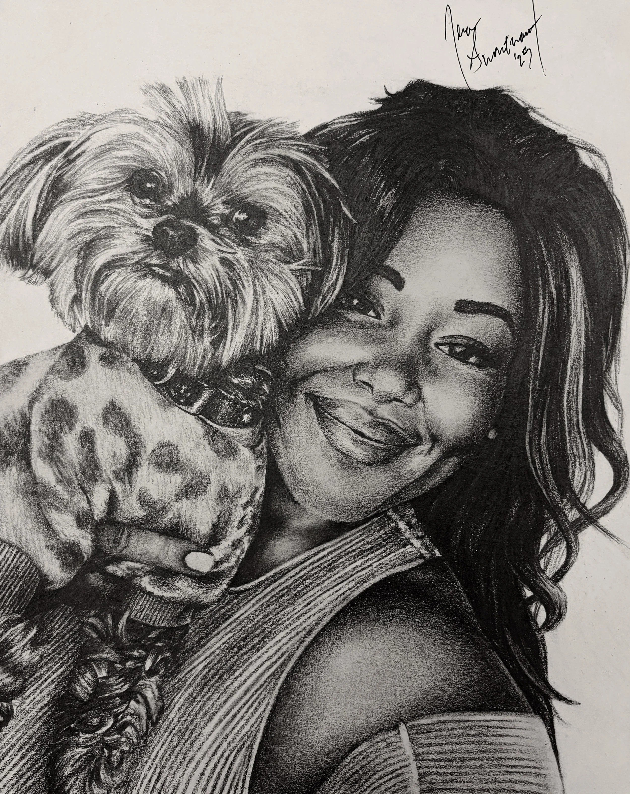 A realistic black and white portrait drawing of a young woman with long hair and a cheerful expression, partially visible face, with a puppy perched on her shoulder. The puppy has wavy fur, dark eyes, and a collar, and is looking directly at the came