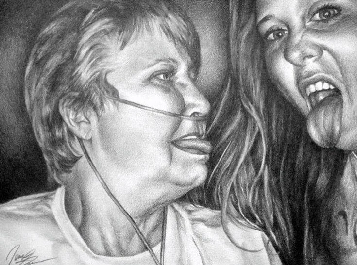 A realistic pencil sketch of an elderly woman with oxygen tubing, and a young girl with long hair sticking out her tongue, making a playful face.