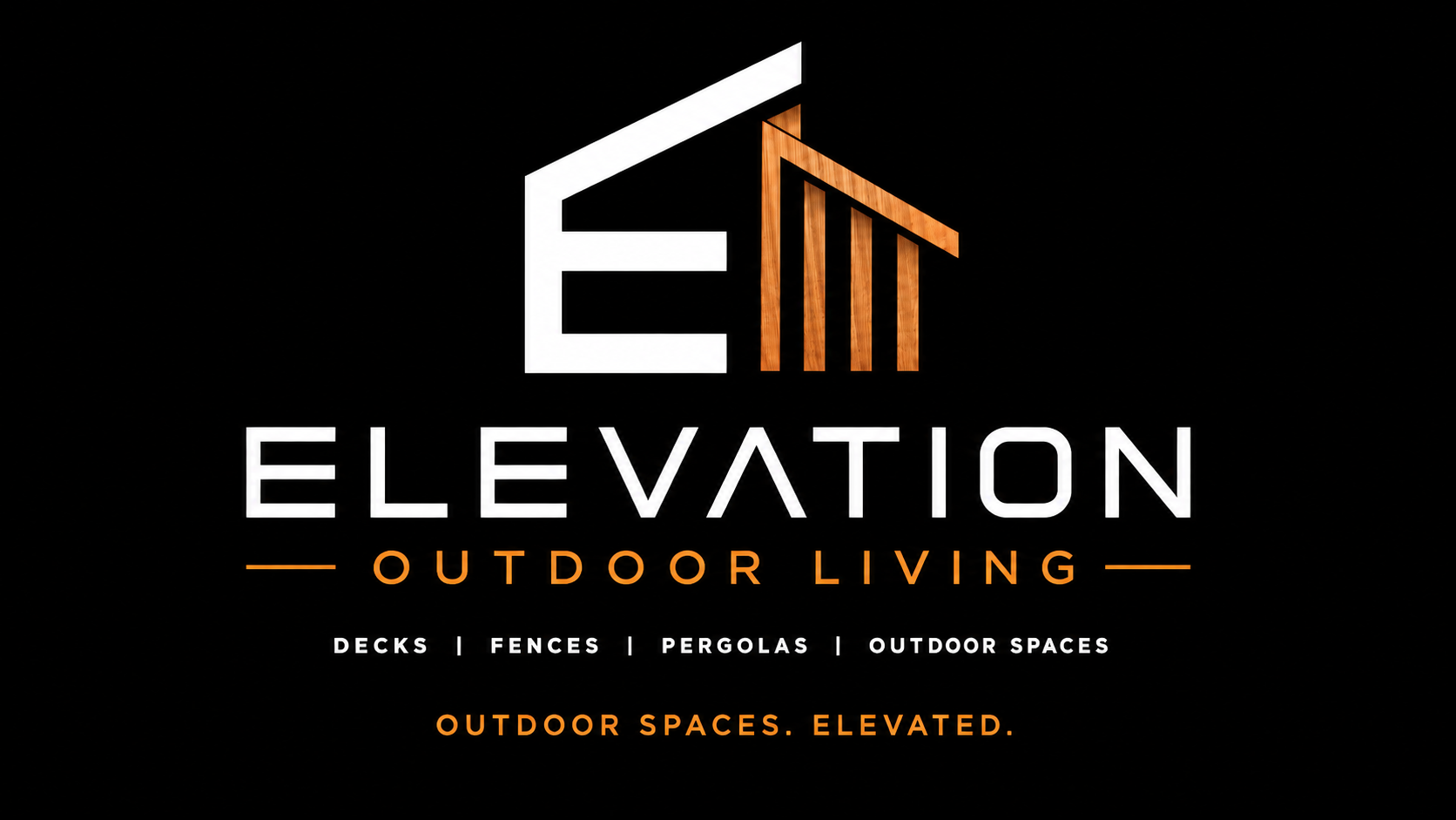 Logo for Elevation Outdoor Living featuring a stylized house with a wood-textured roof, with brand name and tagline, and a list of outdoor services.