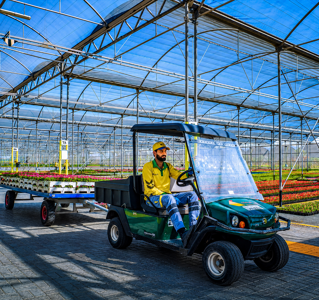 A man driving a green golf cart inside a large greenhouse filled with rows of colorful flowers.