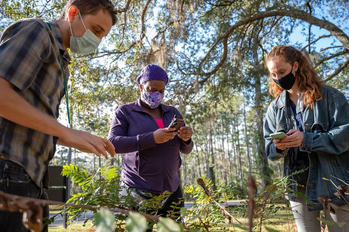 Dr. Adania Flemming and a fellow graduate student documenting biodiversity observations on their phones during a BioBlitz at Morningside Nature Center, alongside a former graduate student working at the preserve.