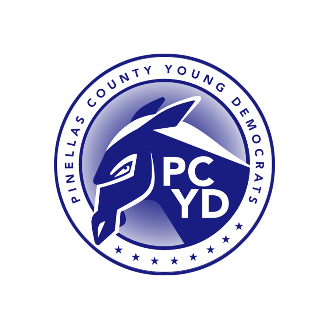 Logo of Pinnellas County Young Democrats featuring a stylized donkey and the text 'PCYD' and 'PINELLAS COUNTY YOUNG DEMOCRATS' in a circular design.
