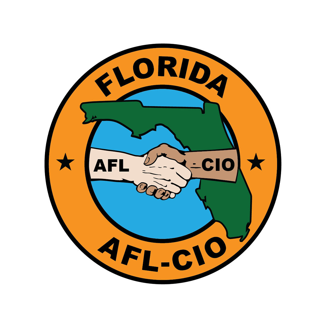 Emblem with the outline of Florida, a handshake, and the words AFL and CIO, surrounded by an orange border with the words Florida AFL-CIO.