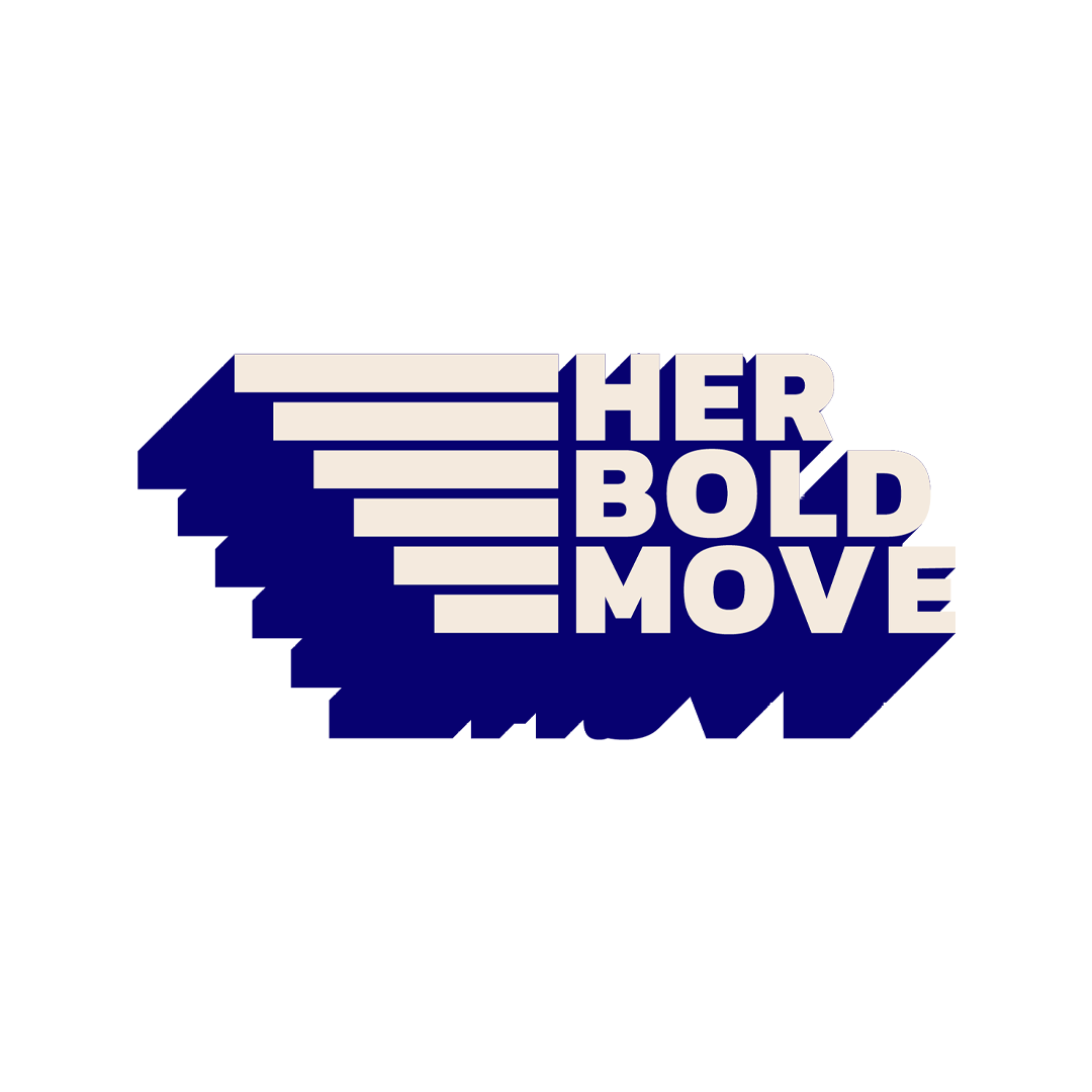 3D text logo with the phrase 'Her Bold Move' in cream-colored block letters on a dark blue background, styled with horizontal stripes and shadow effect.