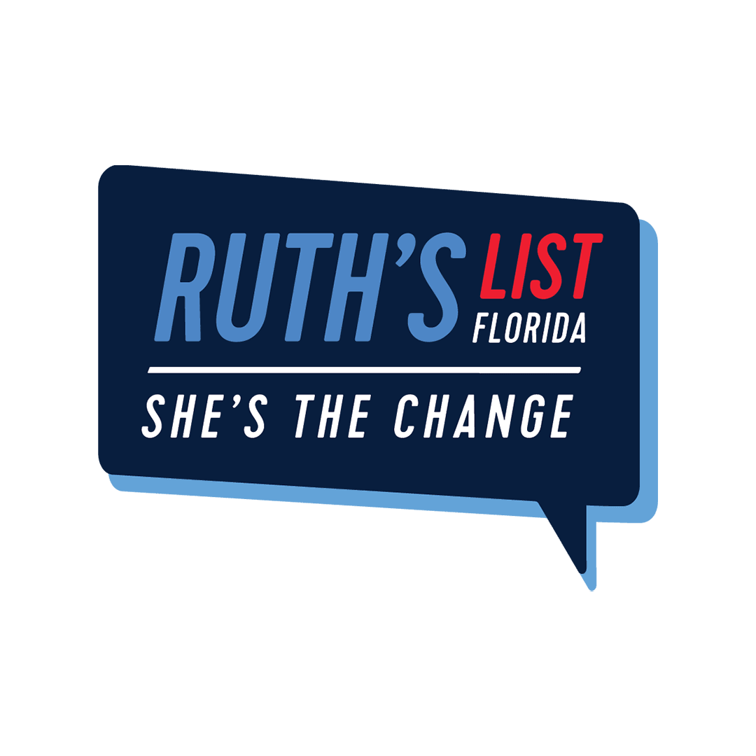 Logo for Ruth's List Florida with tagline 'She's the Change' in a speech bubble design.