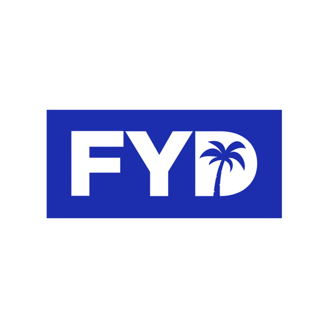 Blue logo with the letters 'F Y D' and a palm tree inside the letter 'D'.