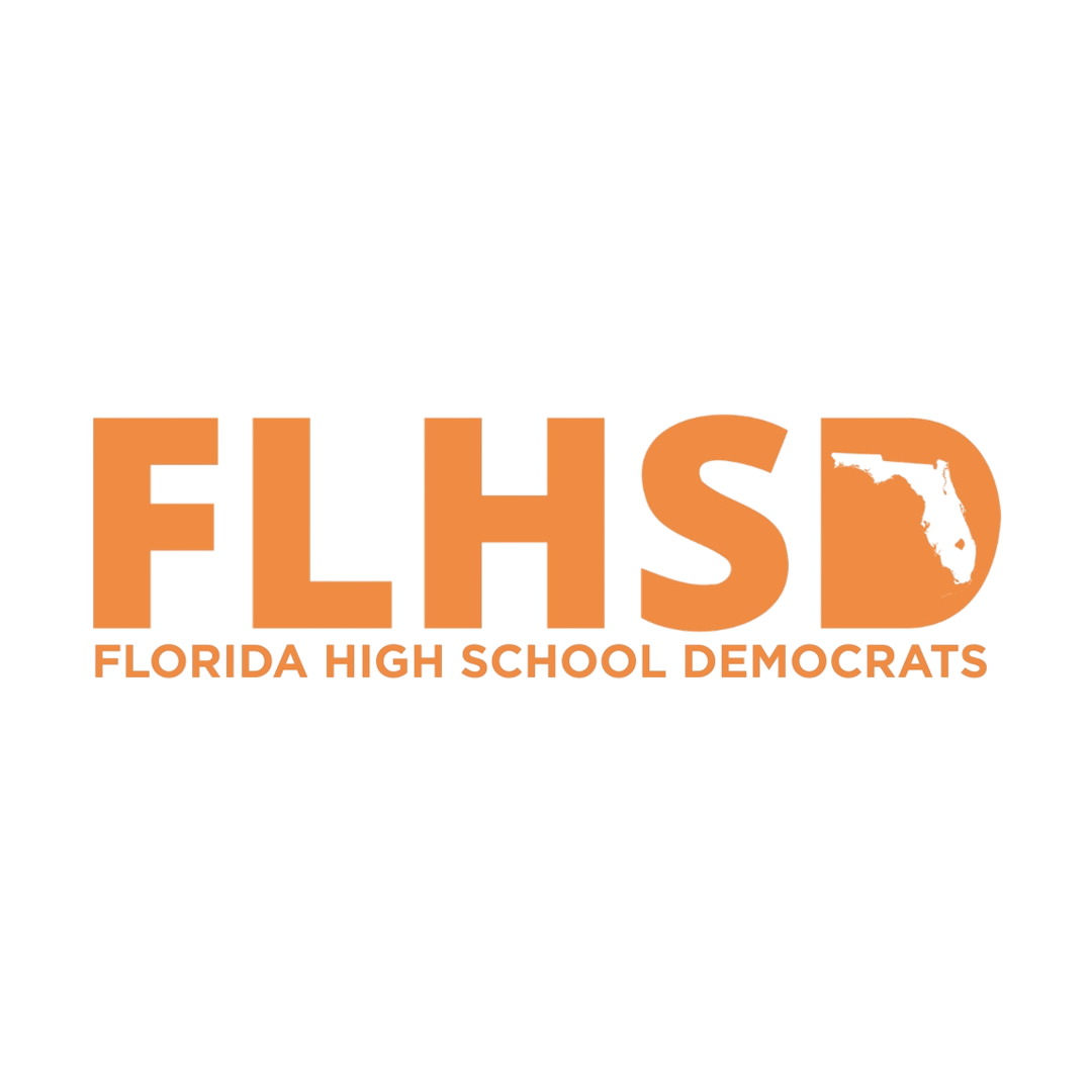Logo for Florida High School Democrats with the acronym FLHSD in large orange letters, the D letter incorporating an outline of the state of Florida.