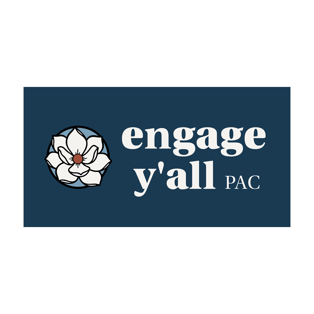 Logo with a white magnolia flower on a dark blue background and the text "engage y'all PAC"