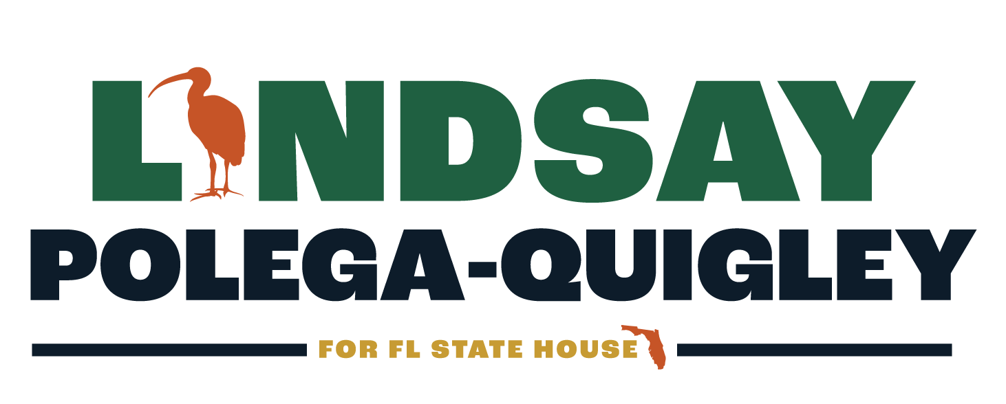 Political campaign sign supporting Lindsay Polega-Quigley for Florida State House, featuring a heron illustration, the candidate's name in large green and blue letters, and Florida state icons.