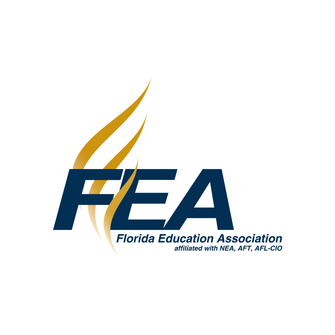 Logo of the Florida Education Association featuring gold and navy stylized flames and the text 'FEA Florida Education Association affiliated with NEA, AFT, AFL-CIO'.