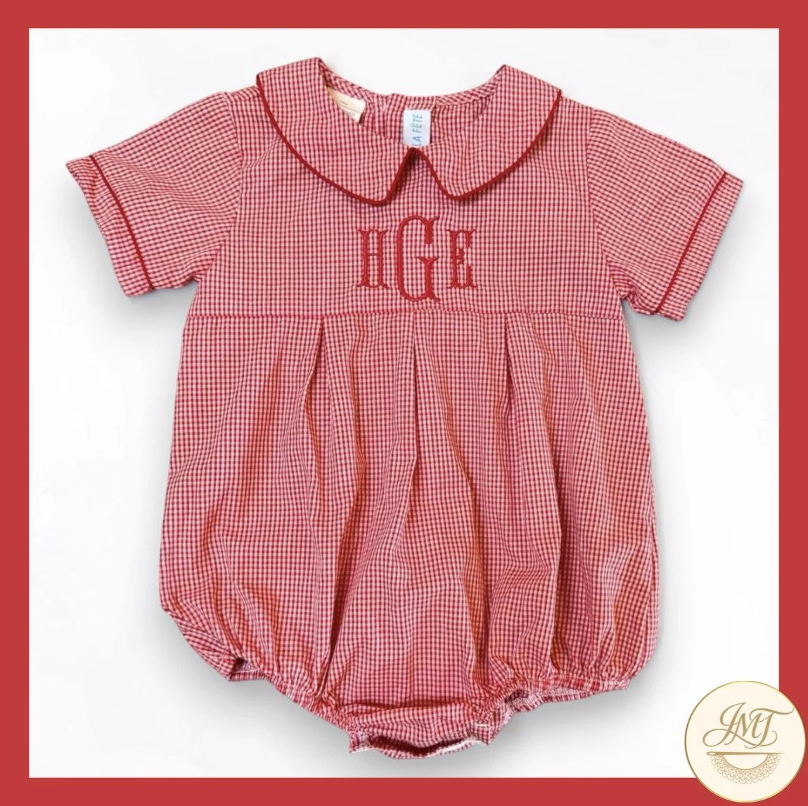 Handsome monogram on a bubble romper.