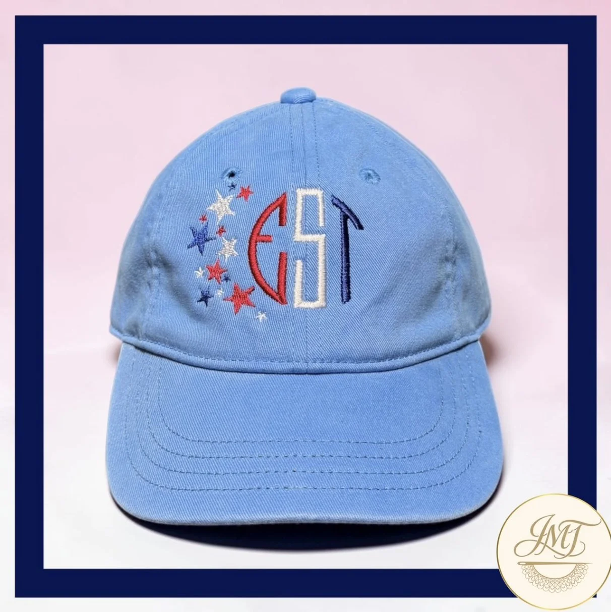 Embroidered monogram on a hat.