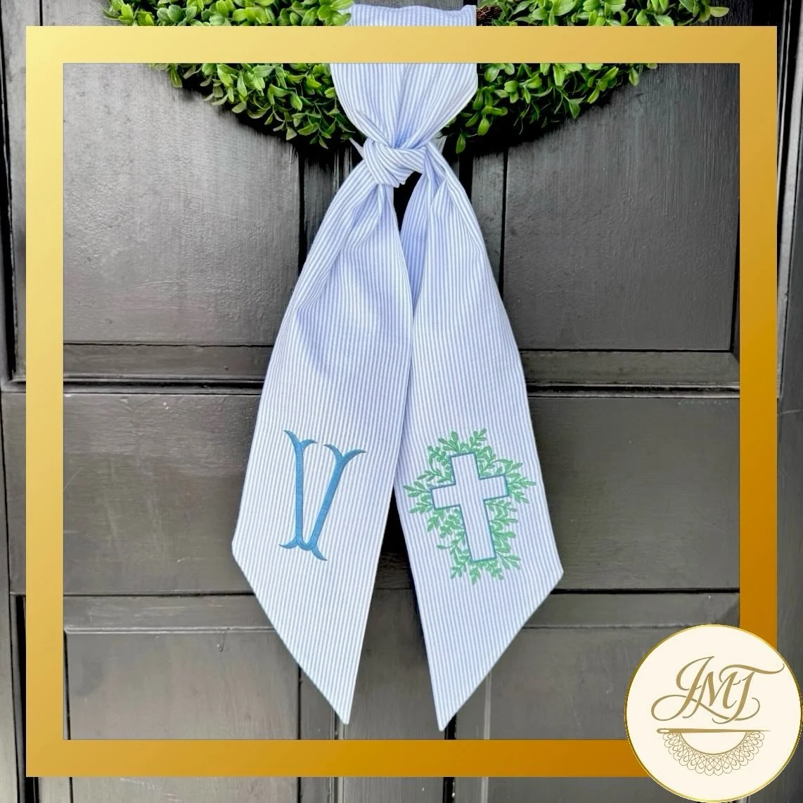 Blue seersucker sash with greenery cross