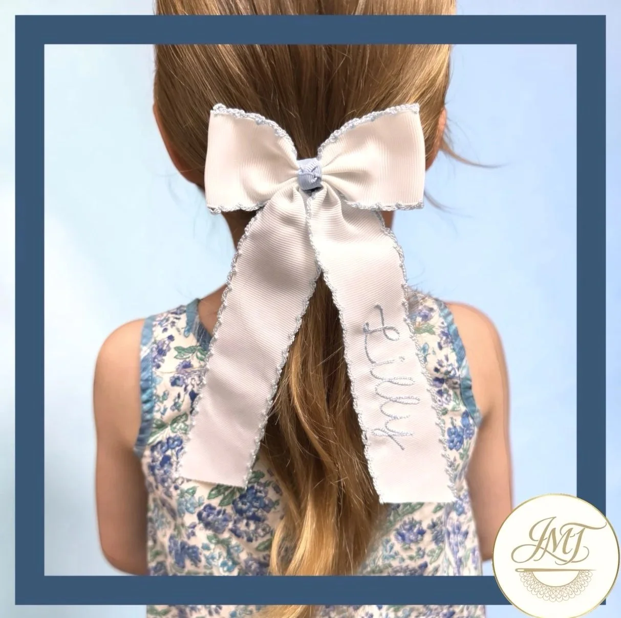 These long tail bows are available for purchase. They're perfect for embroidering full names. Ask me about available colors.